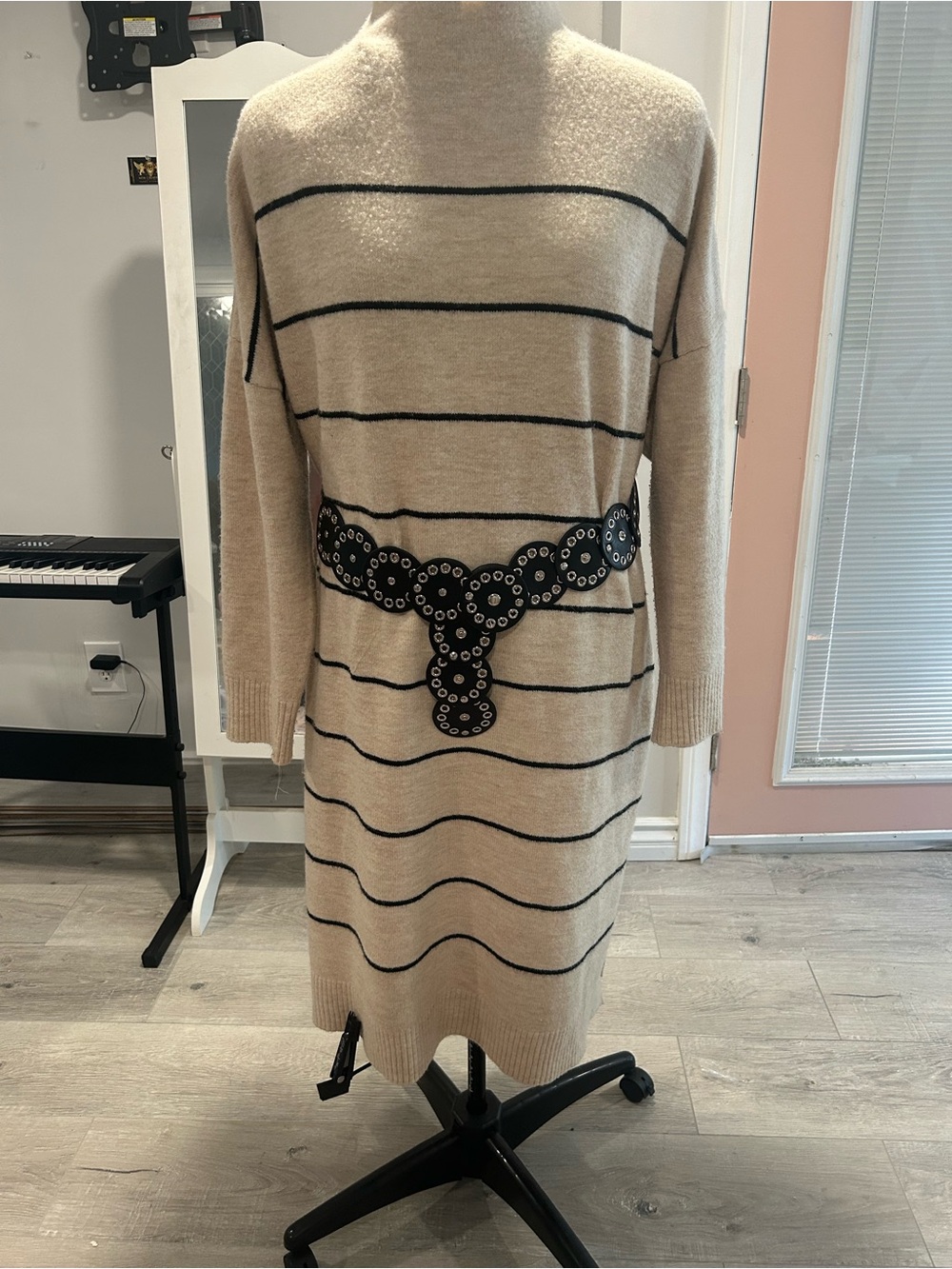 Beige Striped Knit Sweater Dress (belt not included)